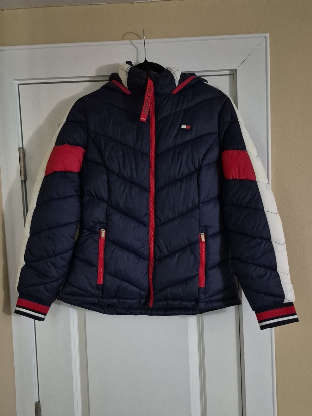 Tommy Hilfiger Navy Puffer Jacket with Red & White Trim